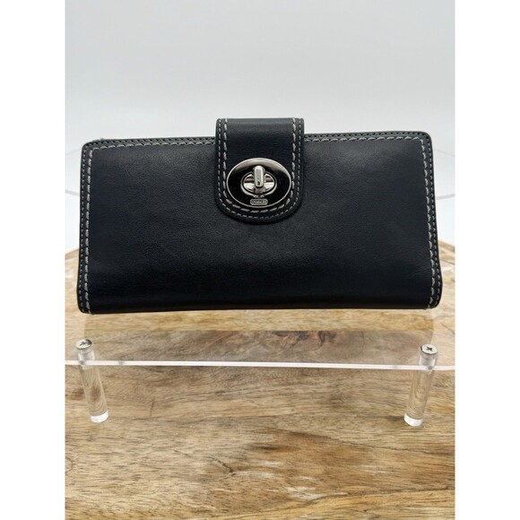 COACH BLACK GENUINE LEATHER BIFOLD SNAP WALLET Silver Turn  Key Lock Credit Card - Picture 1 of 11